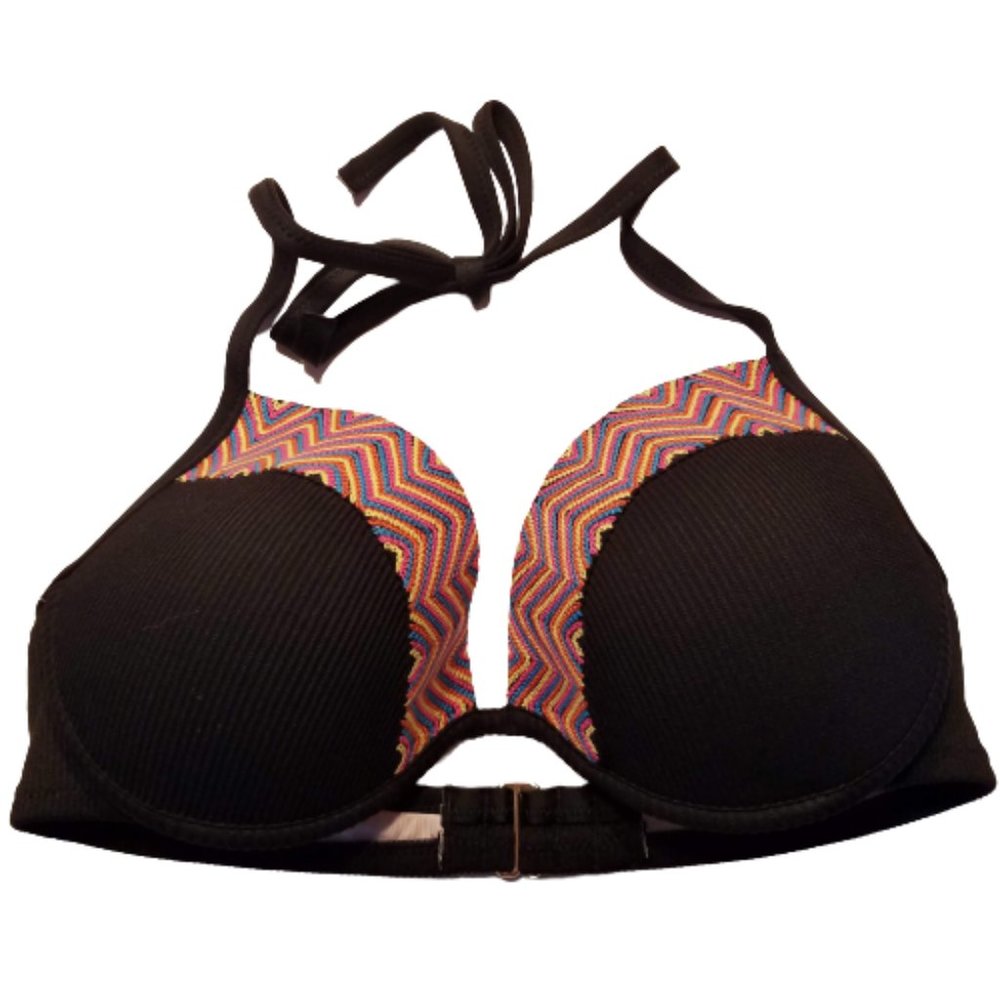 Shade & Shore Black Chevron Ribbed Push Up Halter Bikini Top 36C Boho Festival